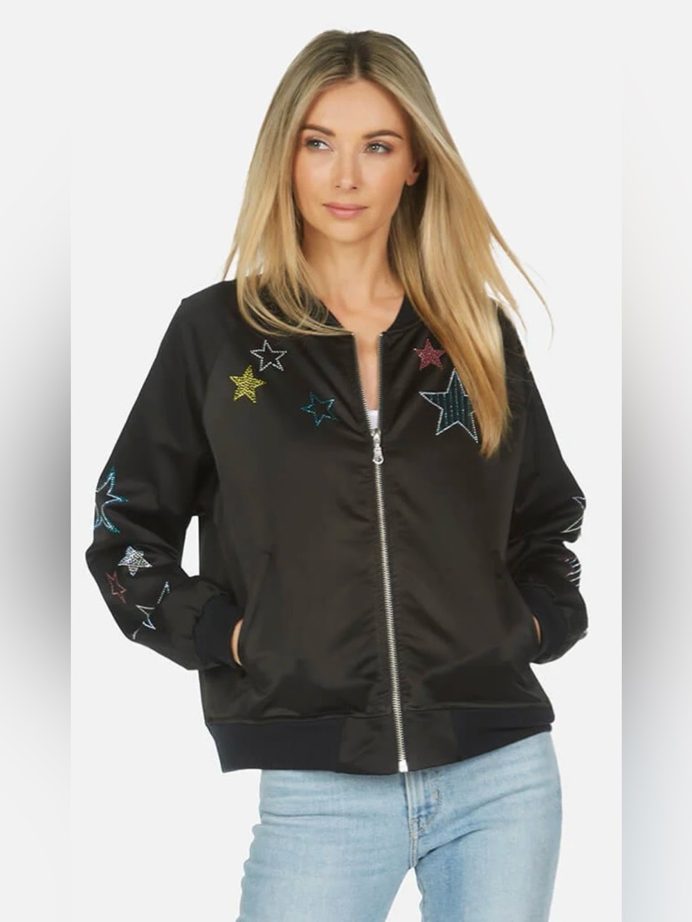 Lauren Moshi/Black/Multi-Color Embroidered Stars/Bomber Jacket/Size XL/NWT!